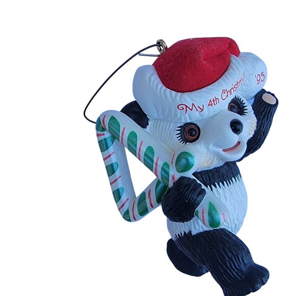 Vintage 1995 My 4th Christmas Panda Bear Ornament with Candy Cane - Picture 3 of 10